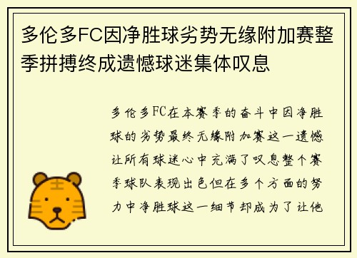 多伦多FC因净胜球劣势无缘附加赛整季拼搏终成遗憾球迷集体叹息